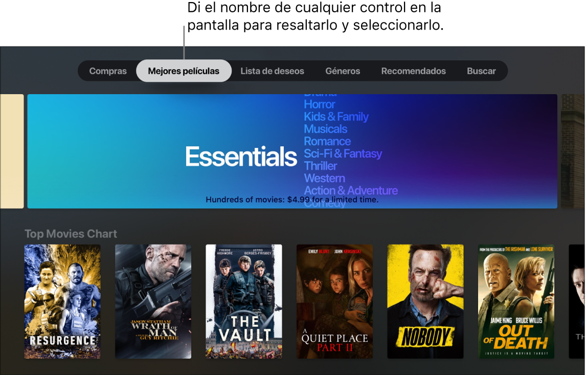 iTunes Movie Store mostrando las solicitudes de menú que se pueden activar con la voz
