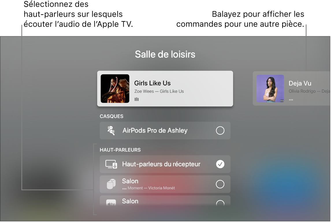 Écran de l’Apple TV avec les commandes audio du centre de contrôle