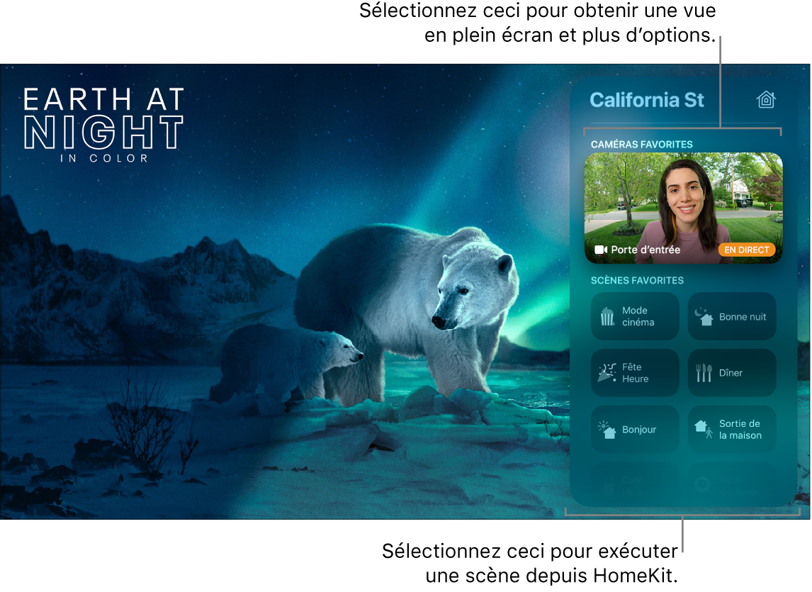 Écran de l’Apple TV affichant le centre de contrôle HomeKit
