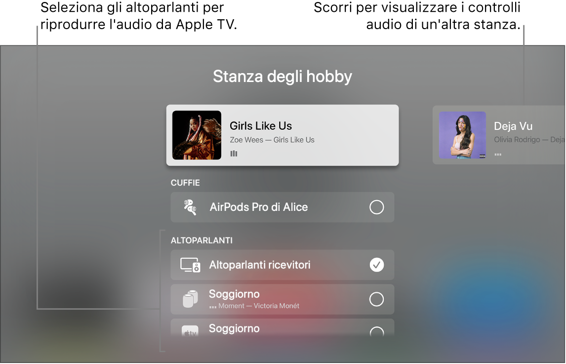 Schermata di Apple TV che mostra i controlli audio di Centro di Controllo