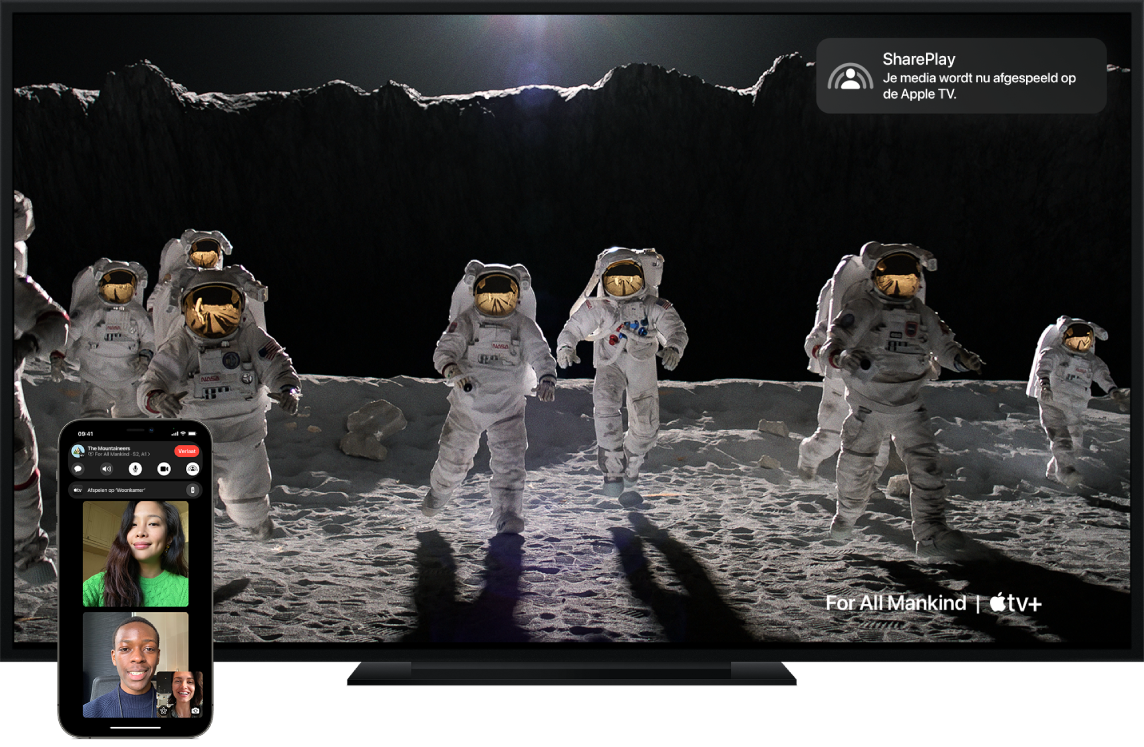 Voorbeeld van SharePlay op een iPhone en een Apple TV.