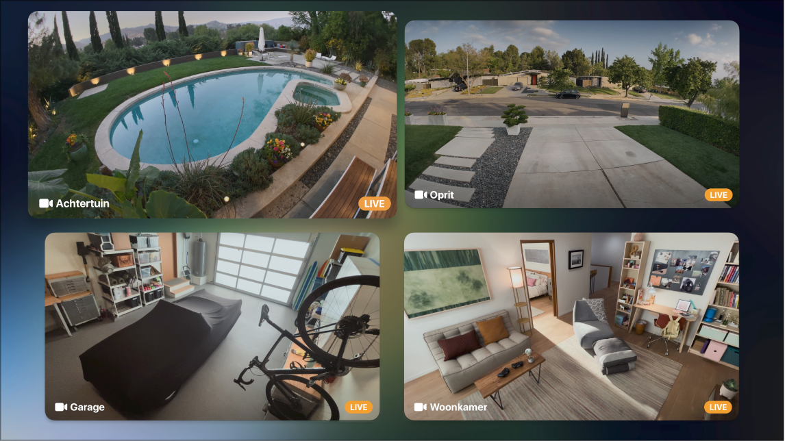 Scherm van Apple TV met beelden van verschillende camera's uit het bedieningspaneel met de HomeKit-weergave