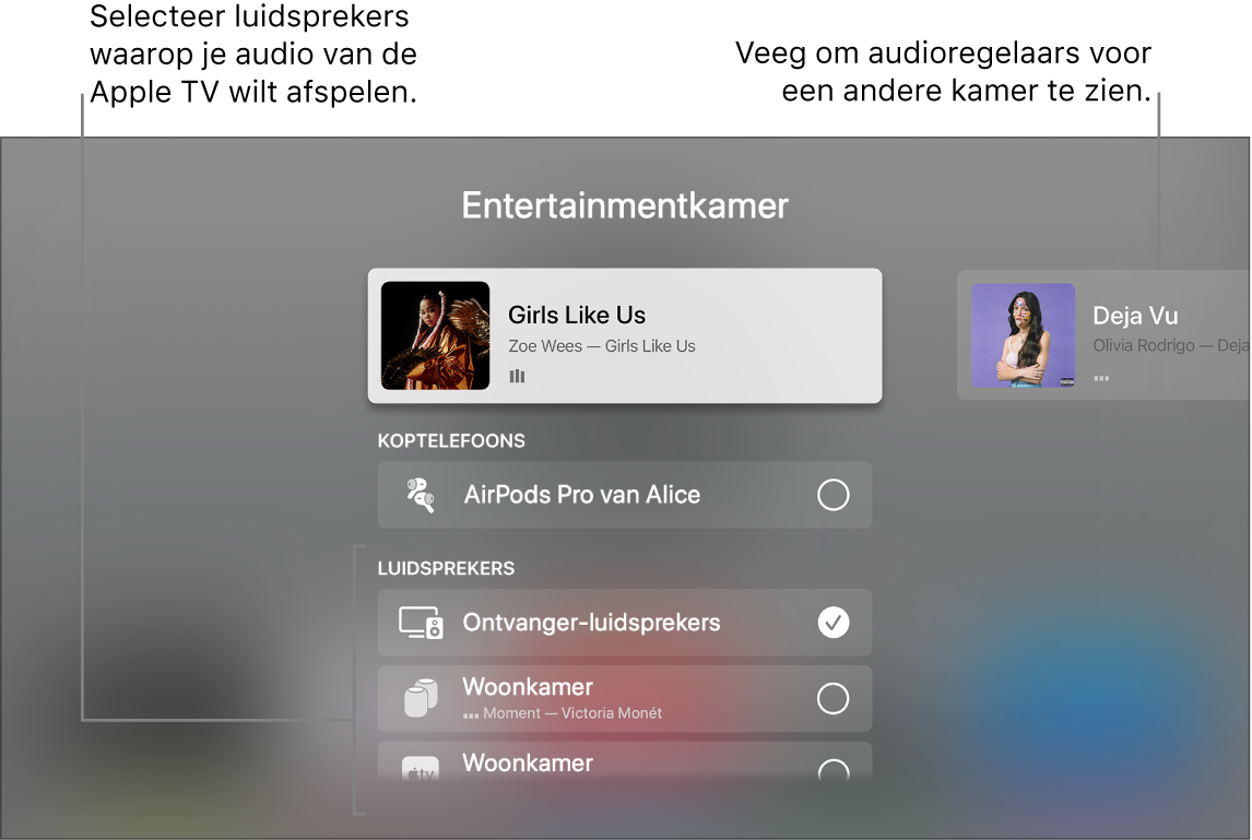 Scherm van Apple TV met het bedieningspaneel met audioregelaars