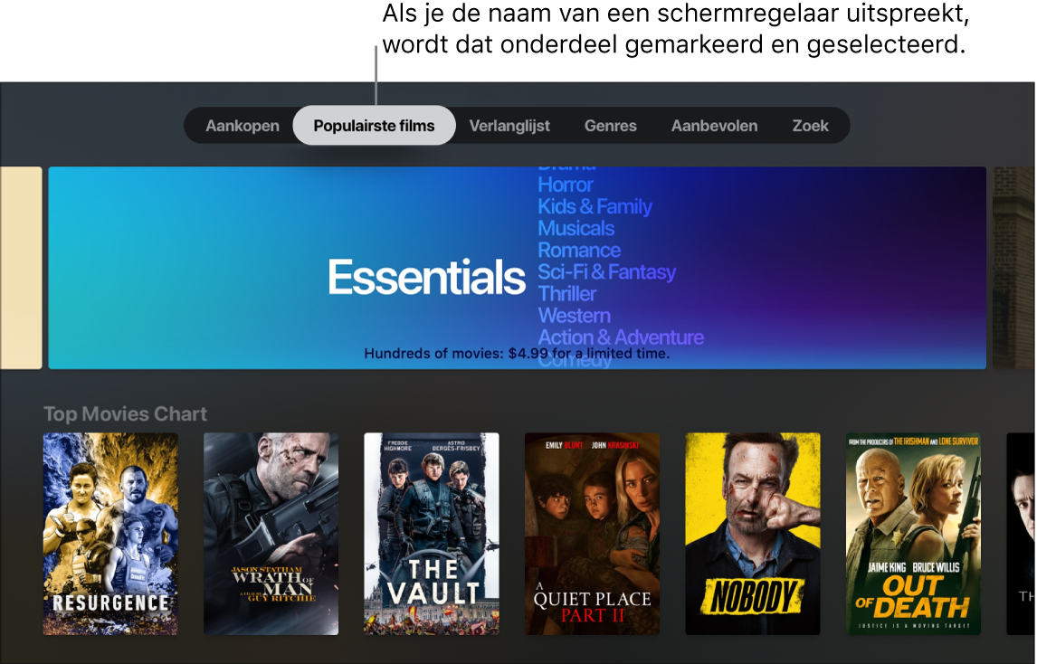 iTunes Movie Store met menuzoekopdrachten die kunnen worden uitgesproken
