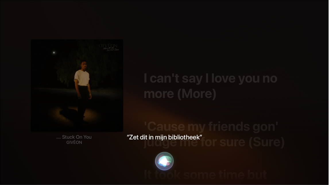 Voorbeeld van hoe je met Siri een album aan Mijn bibliotheek kunt toevoegen op het scherm 'Huidige'