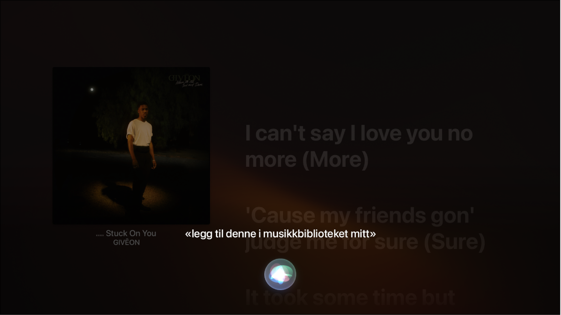 Eksempel som viser hvordan du bruker Siri til å legge til et album i mitt bibliotek fra Spilles nå-skjermen