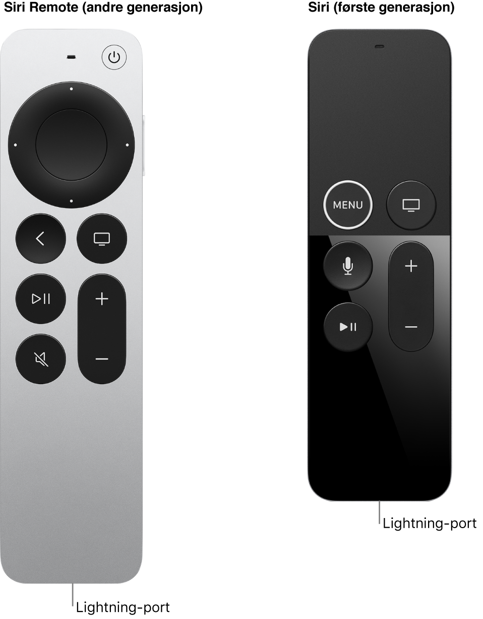 Bilde av Siri Remote (andre generasjon) og Siri Remote (første generasjon) som viser Lightning-porten