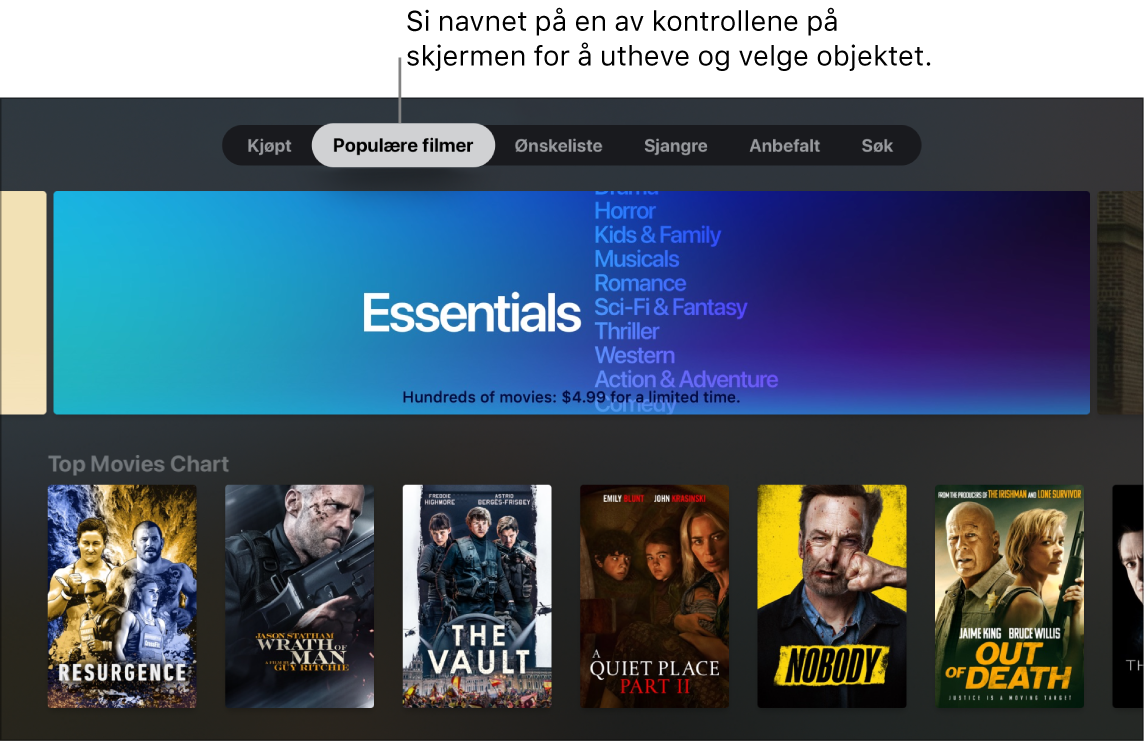 iTunes Movie Store som viser menyforespørsler som kan sies
