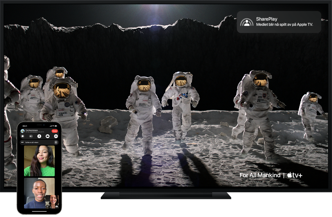 Eksempel på SharePlay vist på en iPhone og Apple TV.