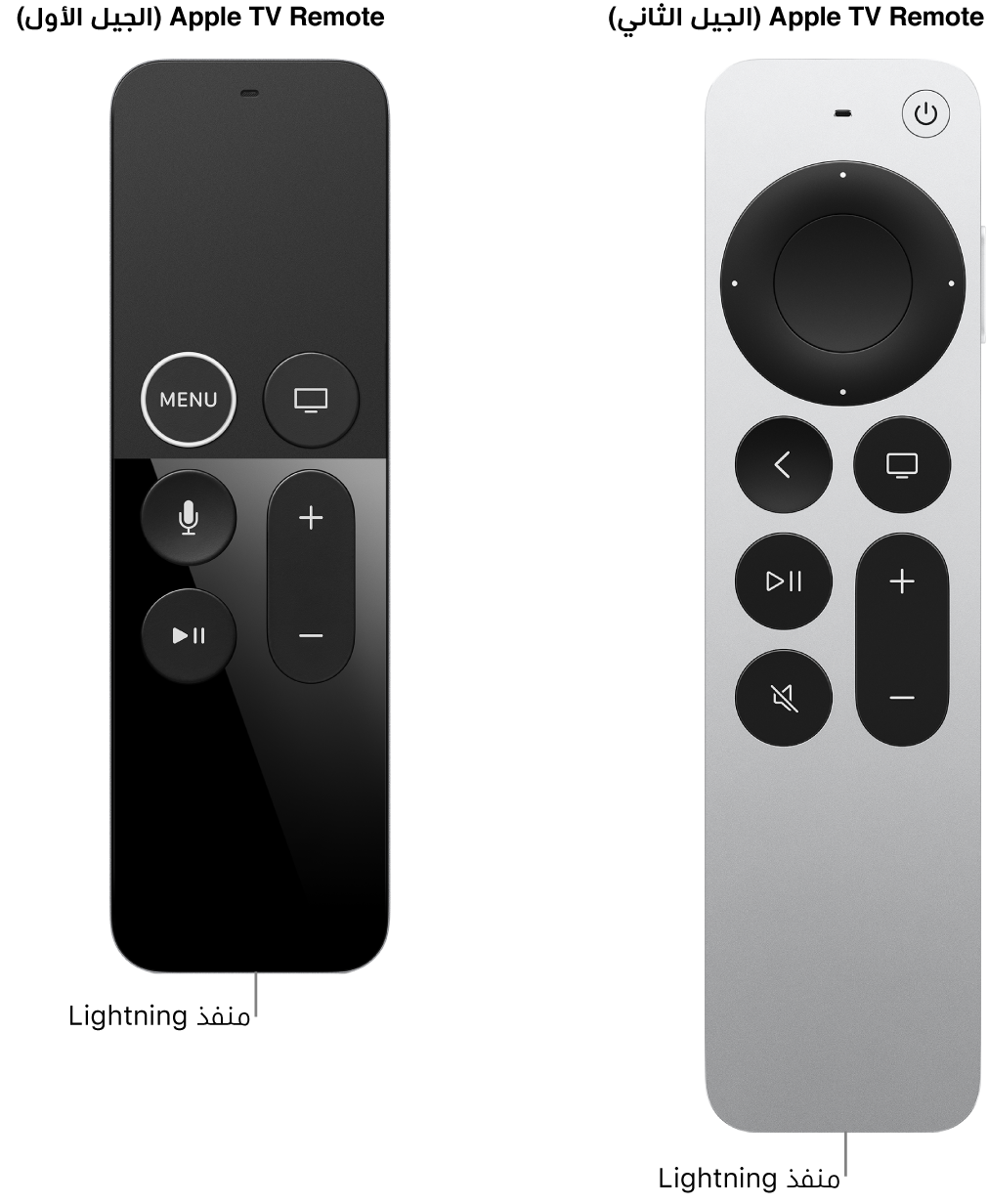 صورة Apple TV Remote (الجيل الثاني) و Apple TV Remote (الجيل الأول) تعرض منفذ Lightning