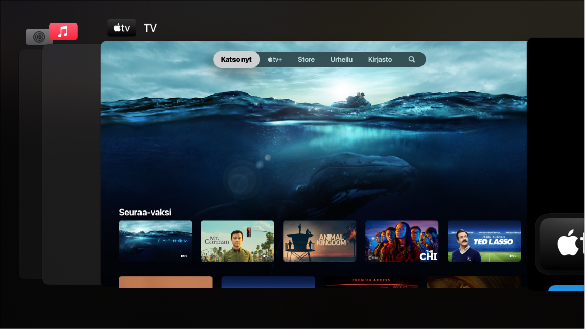 Apple TV ‑näyttö, jossa näkyy apinvaihtaja