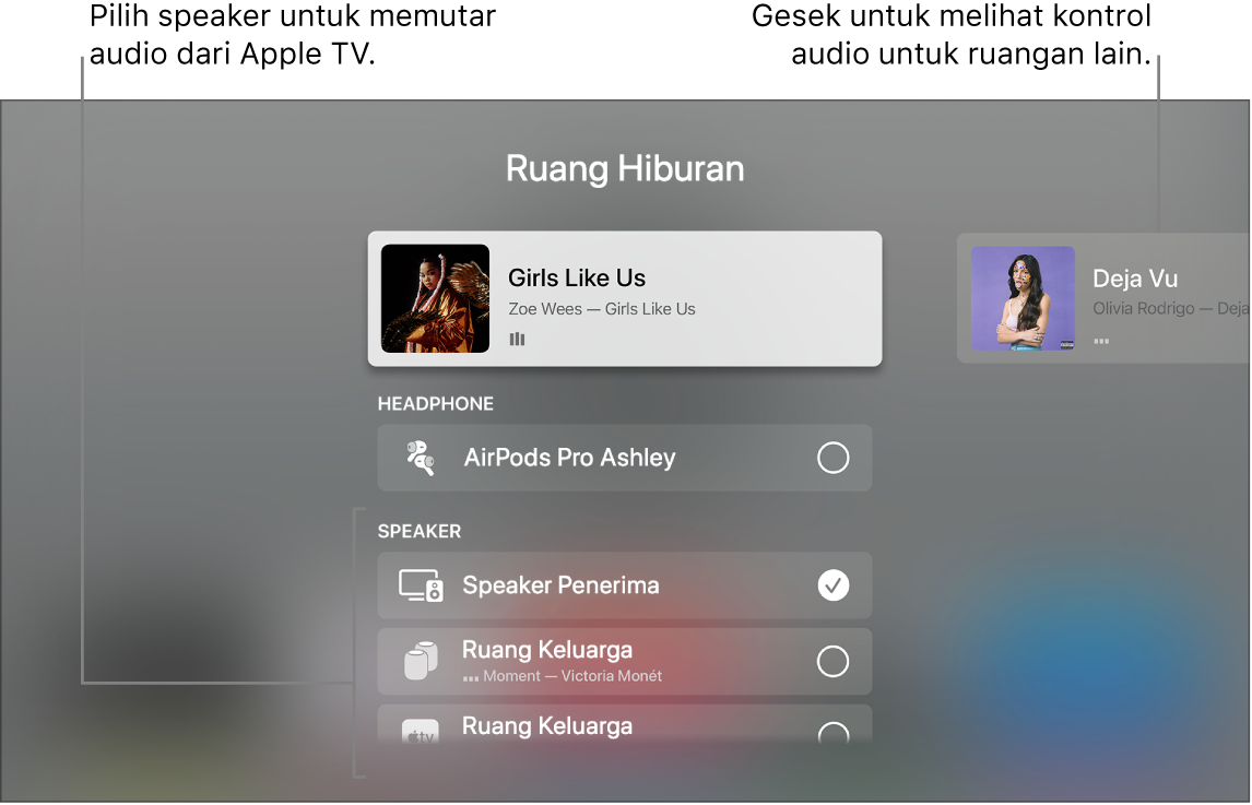 Layar Apple TV menampilkan tampilan kontrol audio Pusat Kontrol