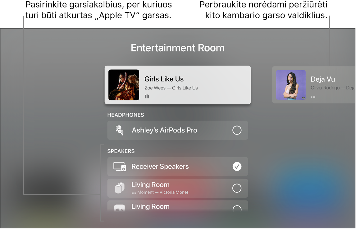 „Apple TV“ ekranas, kuriame pateikiami „Control Center“ garso valdikliai