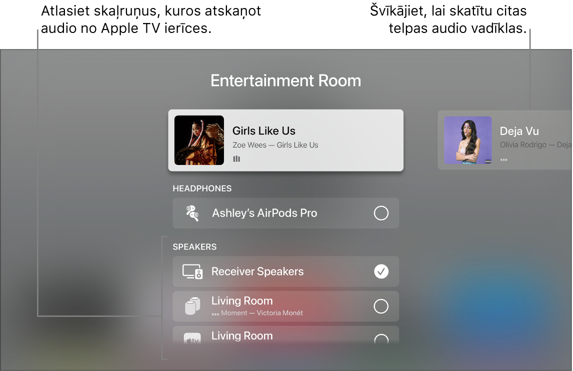 Apple TV ekrānā redzamas izvēlnes Control Center audio vadīklas