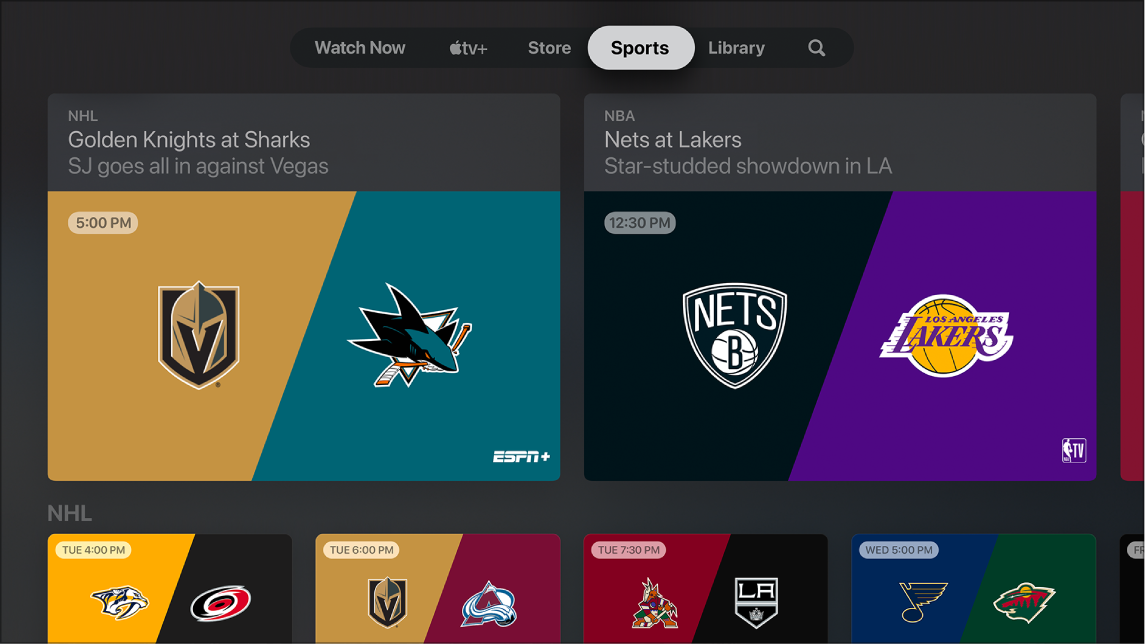 Zaslon, ki prikazuje možnost Sports