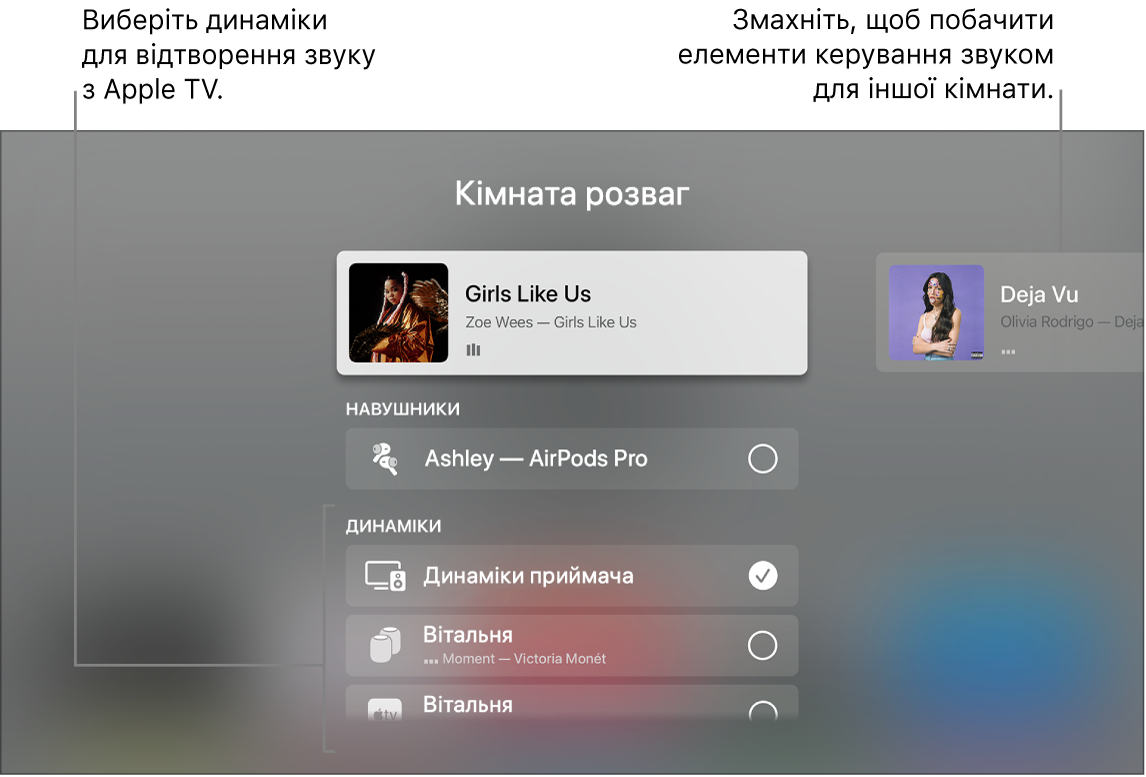 Екран Apple TV з центром керування з й елементами керування звуком