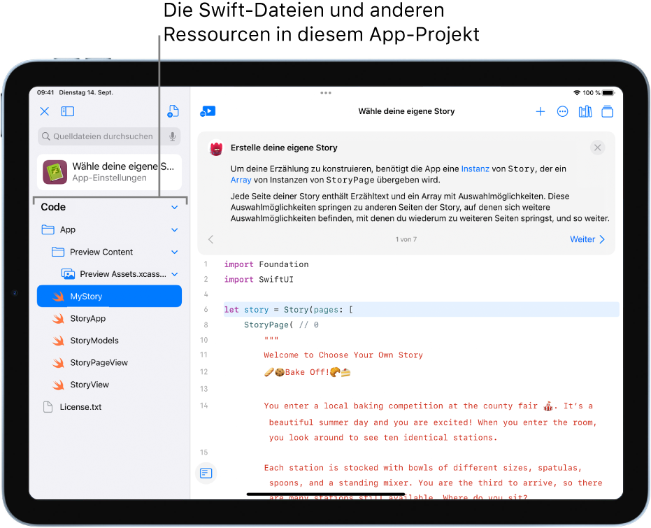 Ein App-Projekt mit der geöffneten linken Seitenleiste, in der die Swift-Dateien und andere Projektressourcen angezeigt werden.