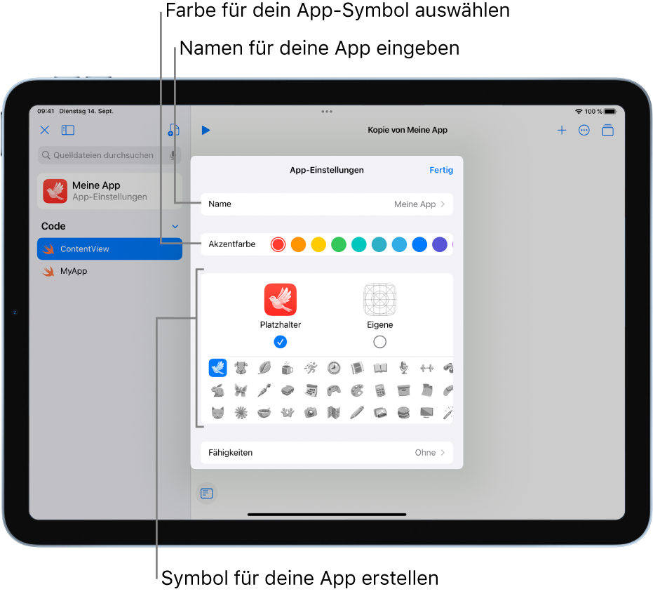 Das Fenster „App-Einstellungen“ mit dem Namen der App, Farben und Medien, mit denen ein App-Symbol erstellt werden kann.