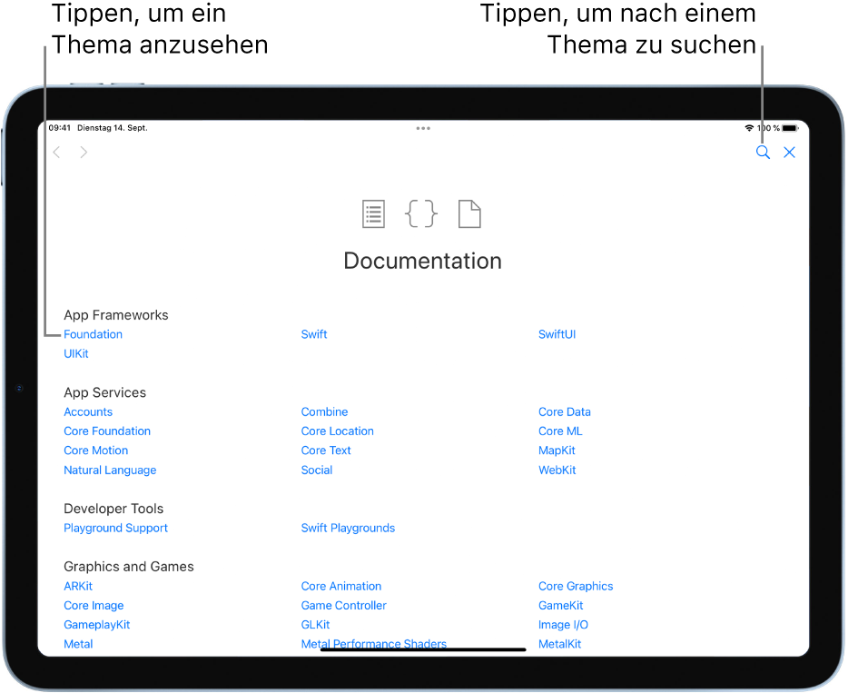 Die Seite „Inhaltsverzeichnis“ in der Swift-Dokumentation mit dem Suchsymbol sowie den Themen, die angezeigt werden, wenn du darauf tippst.