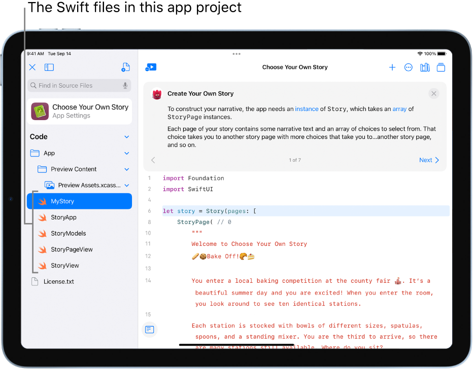 A screen showing an open sample app called Choose Your Own Story. The coding area is visible and the left sidebar is open, showing the Swift files in the app.