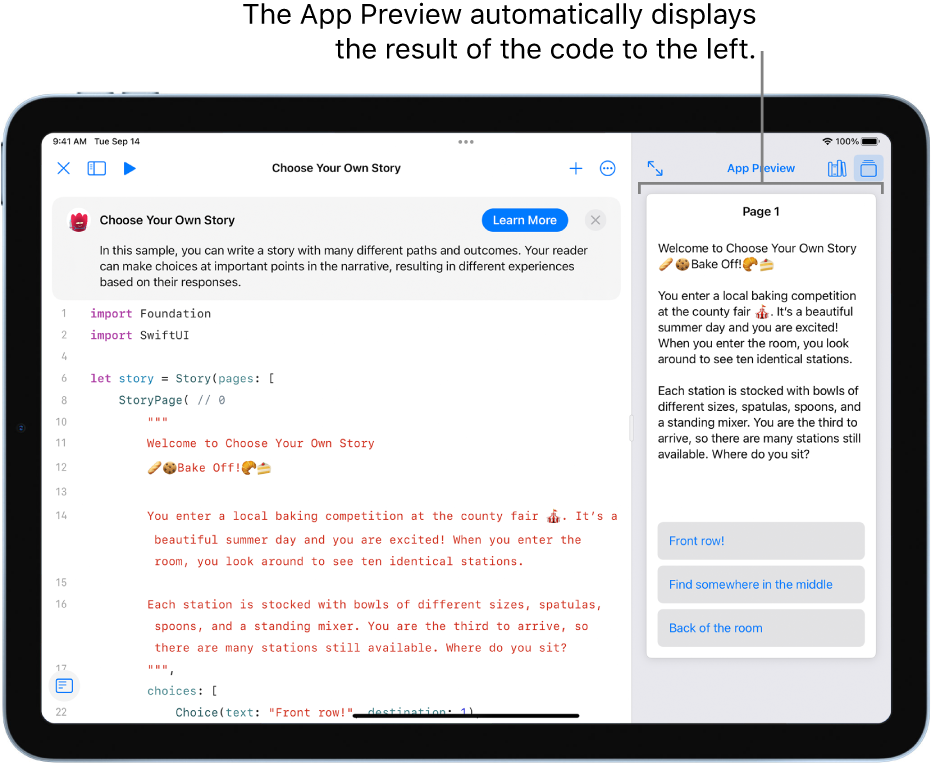 A story writing app, showing sample code on the left and the result of the code in the App Preview on the right. Above the coding area is a brief description of the app, with a Learn More button you can click to find out more about the app.