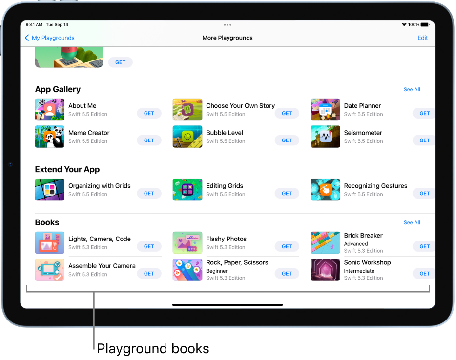 The My Playgrounds screen. At the bottom is the Books section, showing several playgrounds you can try.