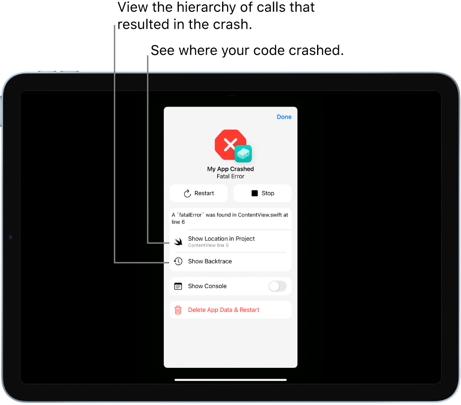 A screen showing a crash panel that gives information about a bug in app code.