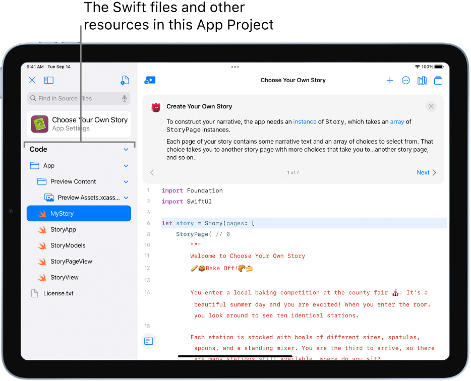 An app project with the left sidebar open, showing the Swift files and other resources in the project.