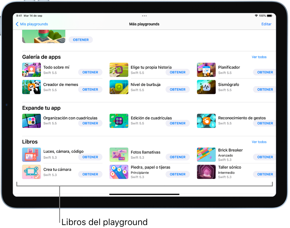 La pantalla “Mis playgrounds”. En el área inferior se encuentra la sección Libros, donde hay varios playgrounds que puedes probar.