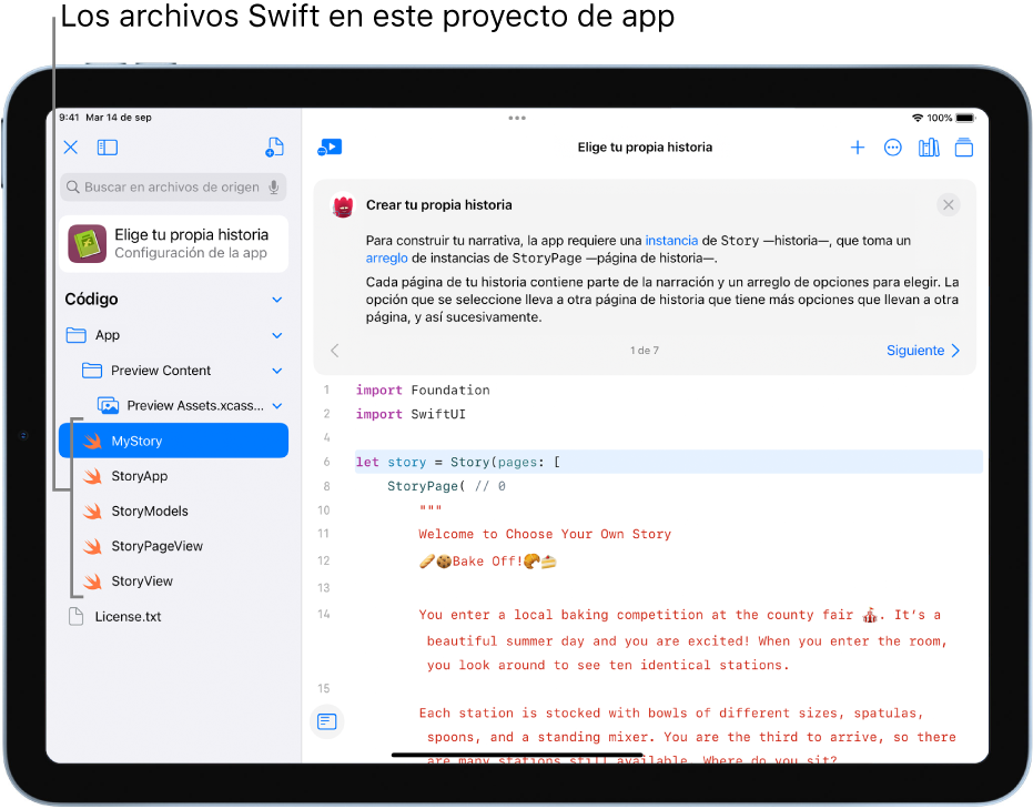 Una pantalla muestra una app de ejemplo abierta llamada “Elige tu propia historia”. Se puede ver el área de código. La barra lateral izquierda está abierta y muestra los archivos de Swift de la app.