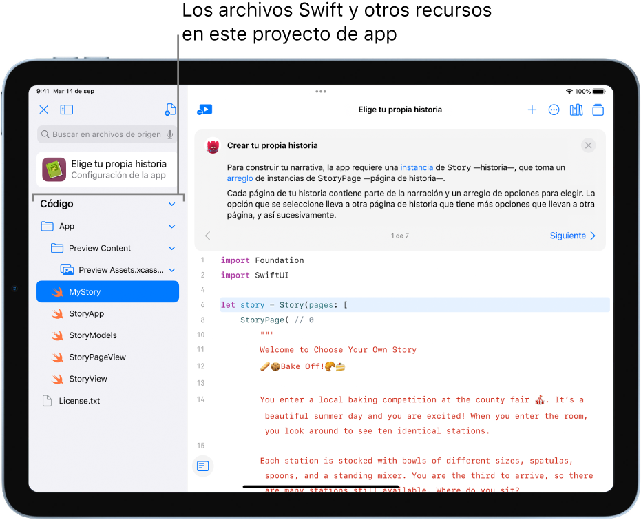 Un proyecto de app con la barra lateral izquierda abierta, mostrando los archivos de Swift y otros recursos del proyecto.