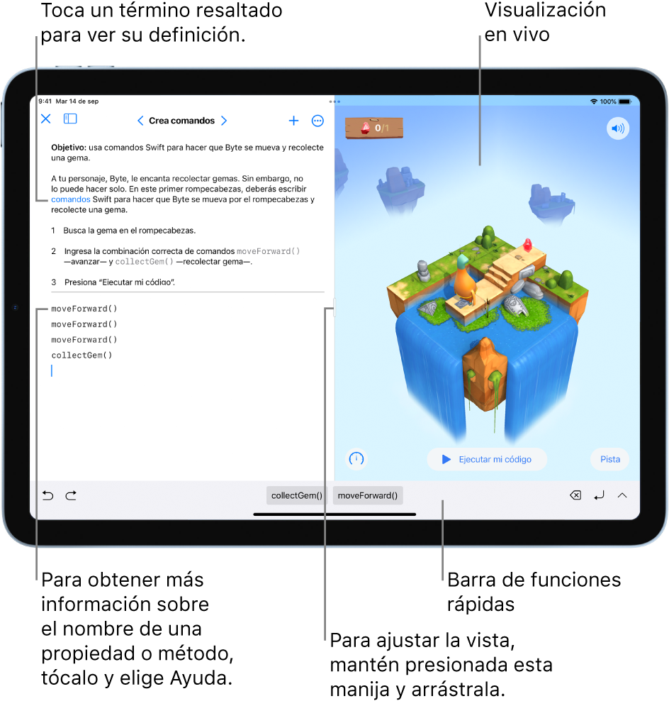 Un playground con un área para ingresar código a la izquierda y la visualización en vivo con el resultado a la derecha. Además, puedes tocar el texto resaltado para obtener su definición; o tocar los nombres de los métodos o propiedades para ver la ayuda rápida.