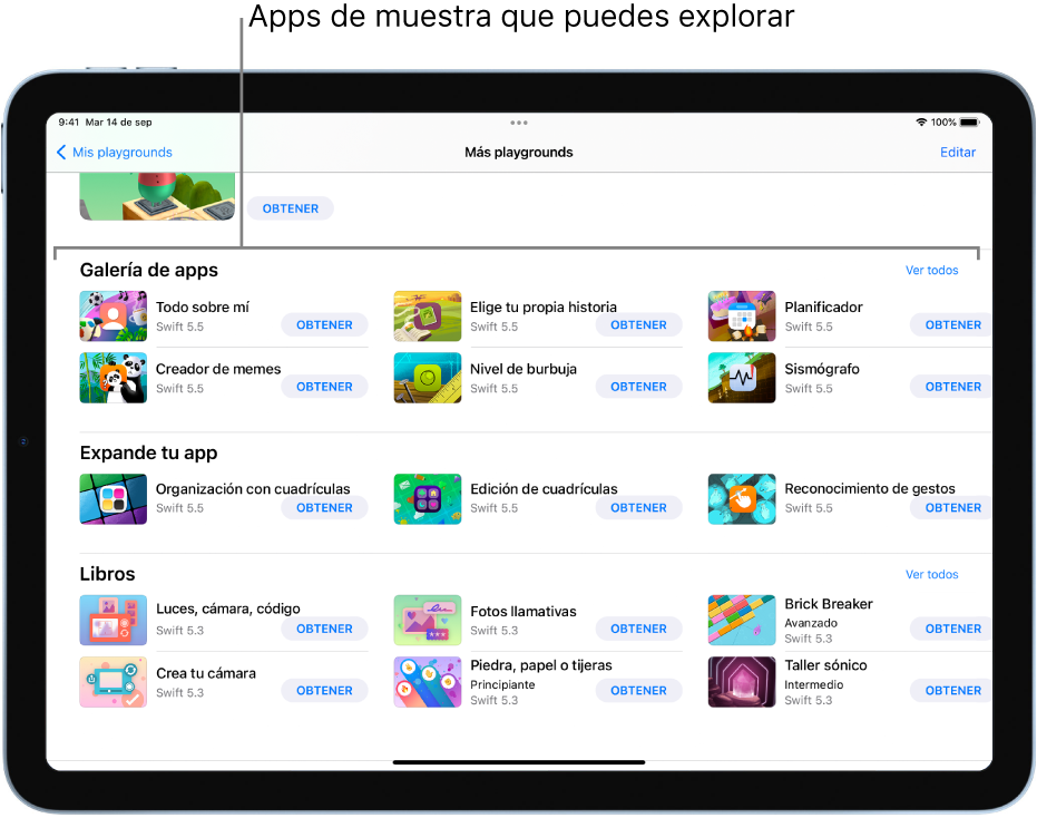 La sección “Galería de apps” de la pantalla “Más playgrounds” mostrando varios playgrounds prediseñados acomodados en una cuadrícula, cada uno con un botón Obtener para descargar el playground. Para ver más retos, desliza a la izquierda.