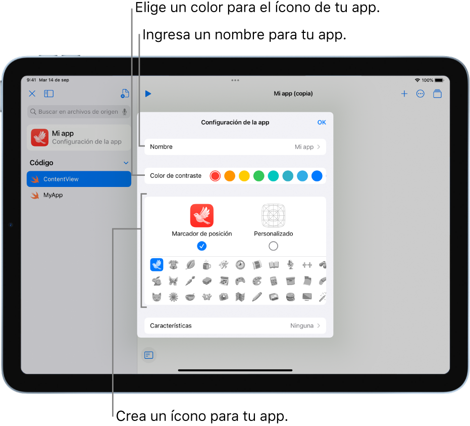 La ventana “Configuración de la app” mostrando el nombre de la app, los colores y la ilustración que se usaron para crear el ícono de la app.