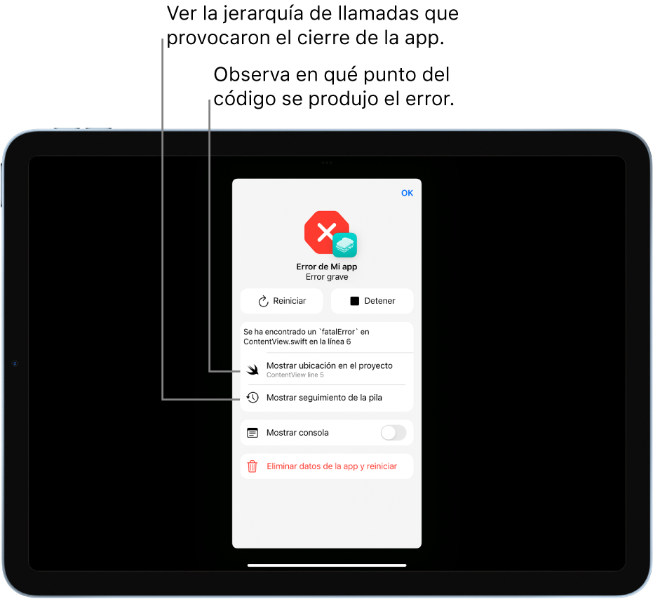 Pantalla que muestra un panel de fallo con información sobre un error en el código de la app.