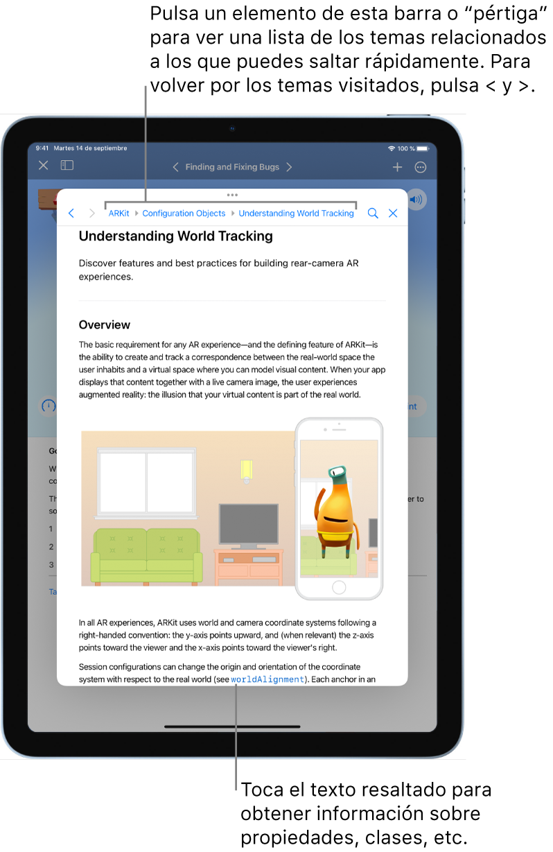 Una página de un artículo sobre realidad aumentada en la documentación para desarrolladores de Apple. La “barra de salto” de la parte superior muestra pasos para avanzar por la documentación. Pulsa un elemento de la barra para obtener una lista de los temas relacionados a los que puedes saltar rápidamente. Para volver sobre tus pasos, pulsa las flechas hacia delante y hacia atrás.