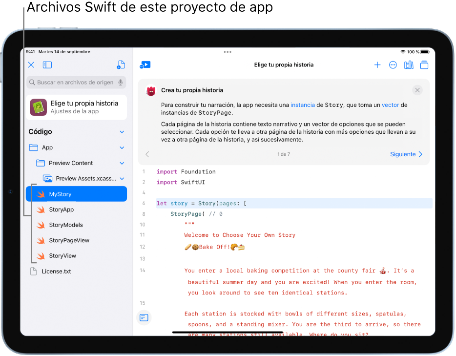 Pantalla que muestra una app de ejemplo abierta llamada “Elige tu propia historia”. El área de código está visible y la barra lateral izquierda abierta está abierta, mostrando los archivos Swift en la app.
