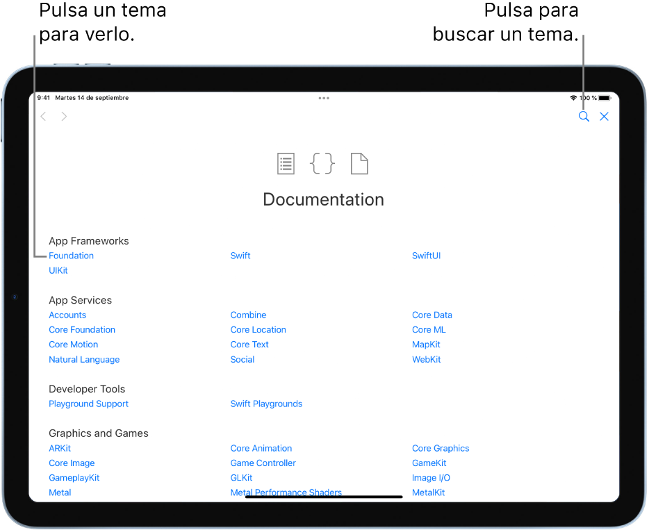 Página de índice de la documentación de Swift, donde se ve el icono de búsqueda y temas que se pueden pulsar para poder leerlos.