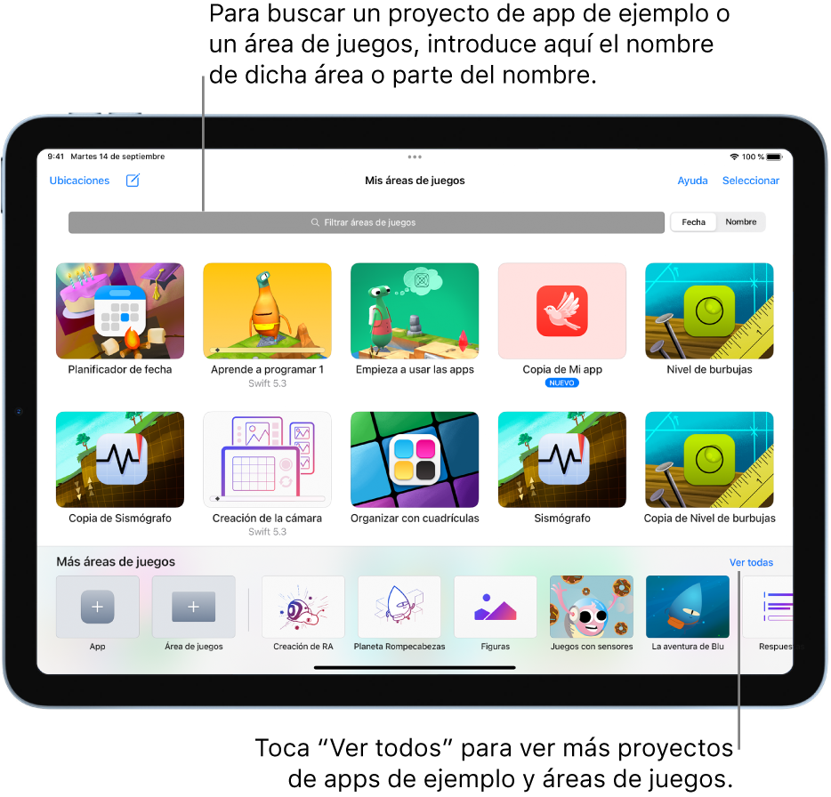 La pantalla “Mis áreas de juegos”, que muestra los proyectos de app y las áreas de juegos que has descargado o creado, y el campo de filtro donde puedes introducir todo o parte del nombre de un área de juegos de manera que se muestren solo las áreas cuyos nombres contengan ese texto. El botón “Ver todos”, que abre la pantalla “Más áreas de juegos”, está cerca de la parte inferior derecha.