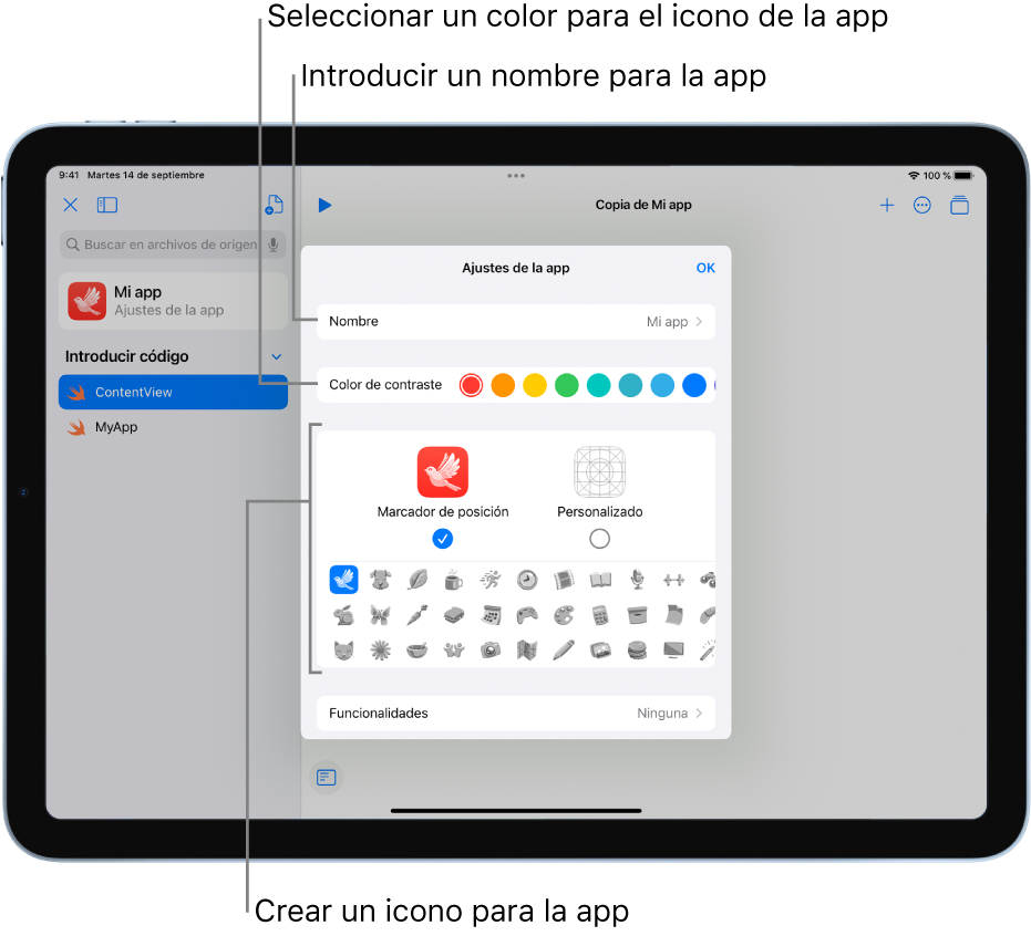 La ventana “Ajustes de la app”, que muestra el nombre de la app, los colores y las ilustraciones que se pueden usar para crear el icono de una app.