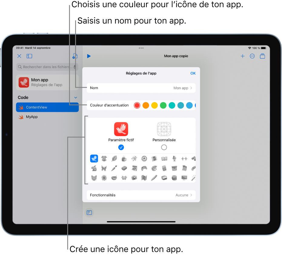 La fenêtre « Réglages de l’app », affichant le nom de l’app, des couleurs et des illustrations pouvant être utilisés pour créer une icône d’app.