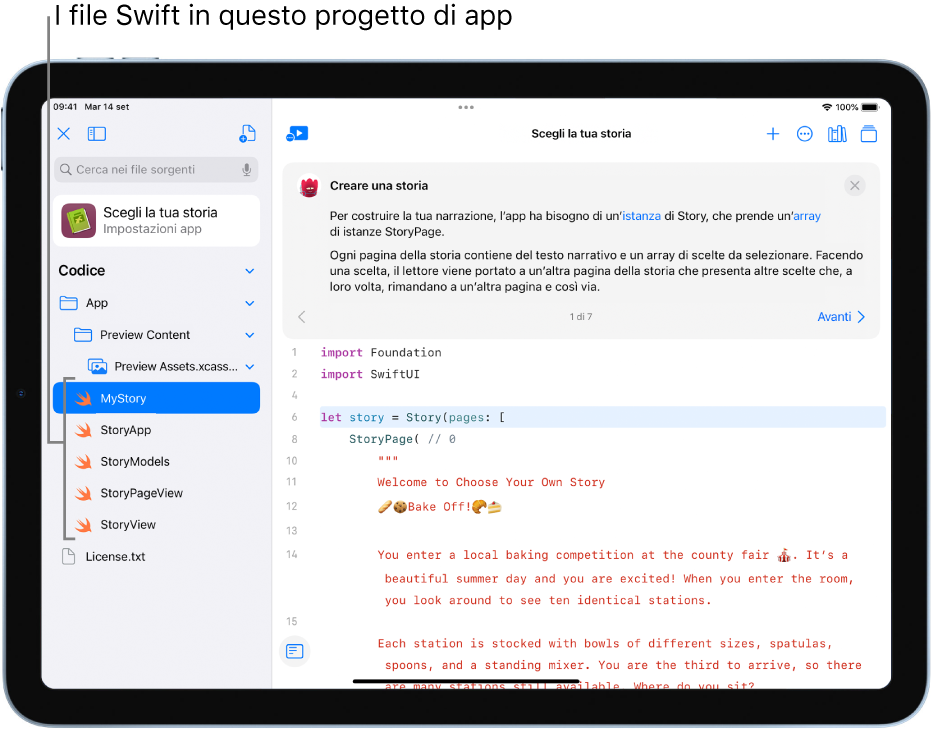 Una schermata che mostra un'app di esempio aperta che si chiama “Scegli la tua storia”. Viene mostrata l'area di programmazione; la barra laterale sinistra è aperta e mostra i file Swift nell'app.