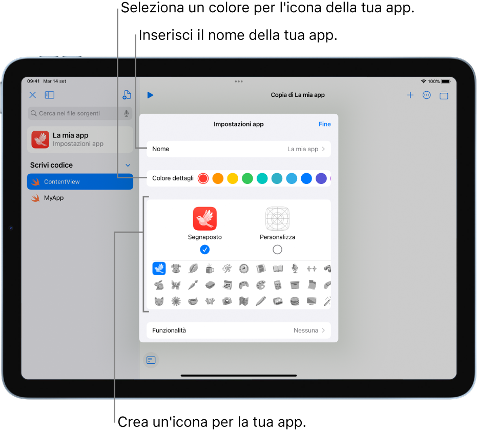 La finestra “Impostazioni app” che mostra il nome dell'app, i colori e l'immagine che può essere usata per creare un'icona dell'app.