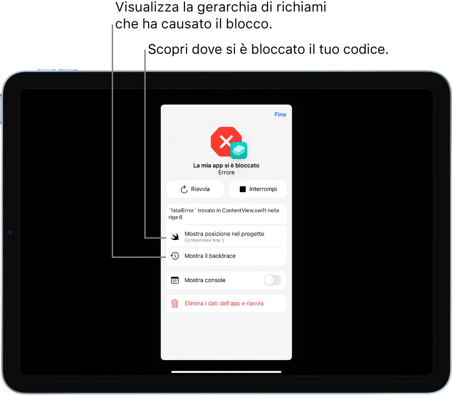 Una schermata che mostra il pannello di un blocco che fornisce informazioni su un bug nel codice.