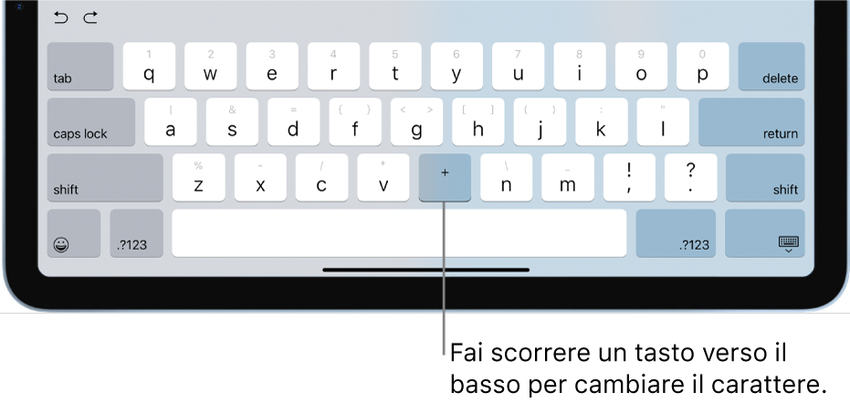 La tastiera che mostra il tasto B che diventa segno Più dopo che l’utente ha fatto scorrere il tasto verso il basso.