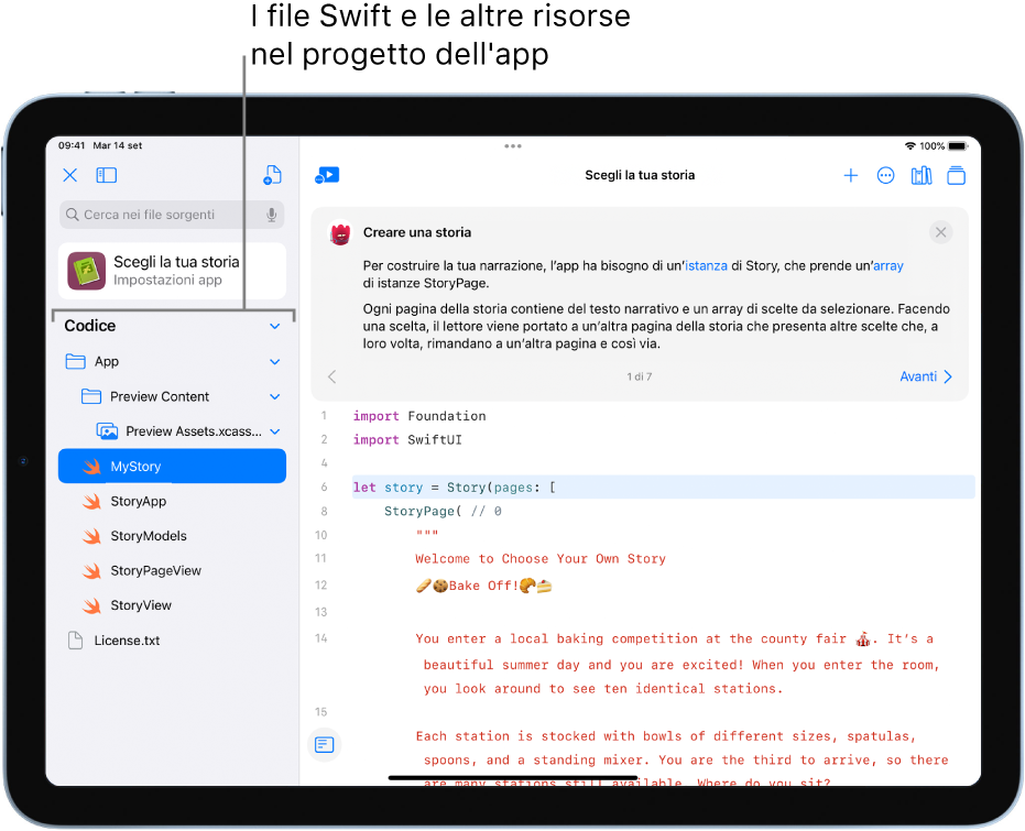 Il progetto di un'app con la barra laterale sinistra aperta che mostra i file Swift e altre risorse nel progetto.