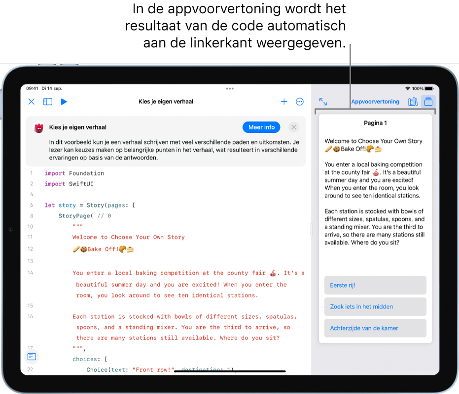 Een app voor het schrijven van verhalen met voorbeeldcode aan de linkerkant en het resultaat van de code in de appvoorvertoning aan de rechterkant. Boven het programmeergedeelte staat een korte beschrijving van de app met de knop 'Meer info' waarop je kunt klikken voor meer informatie over de app.