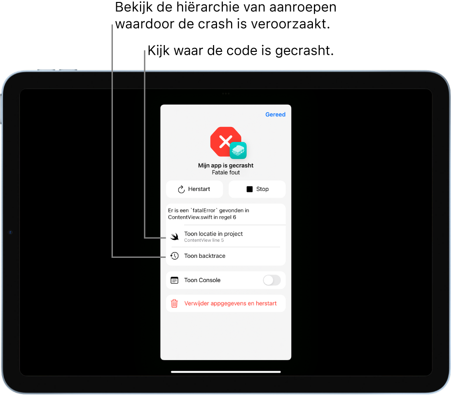 Een scherm met een crashpaneel waarin informatie over een bug in de appcode wordt weergegeven.