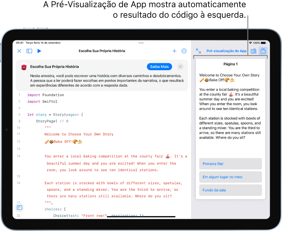 Um app de escrita de história, mostrando uma amostra de código à esquerda e o resultado do código na Pré-visualização do App à direita. Acima da área de programação, há uma pequena descrição do app, com o botão Saiba Mais, que você pode clicar para saber mais sobre o app.