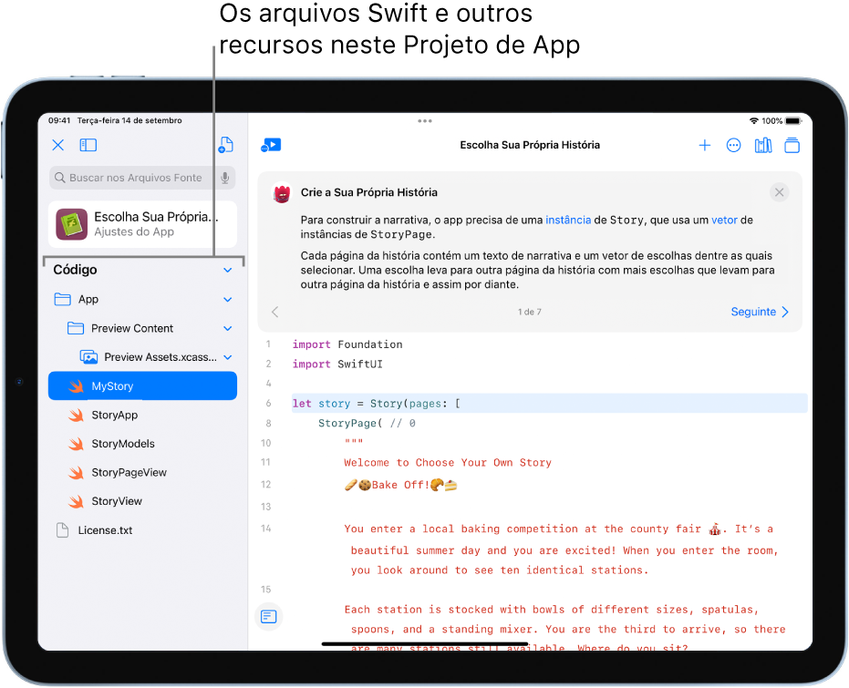 Um projeto de app com a barra lateral esquerda aberta, mostrando os arquivos Swift e outros recursos do projeto.